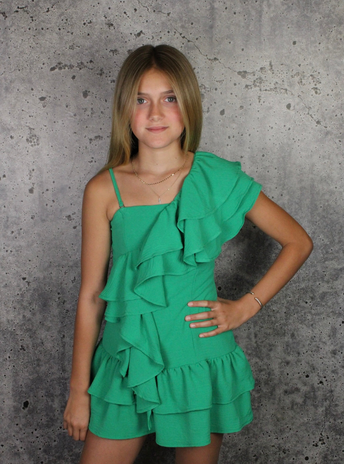 IF SO Green Ruffle one shoulder dress