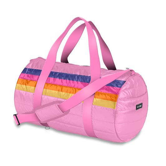 Top Trenz | Pink Puffer Duffle Bag with Retro Stripe