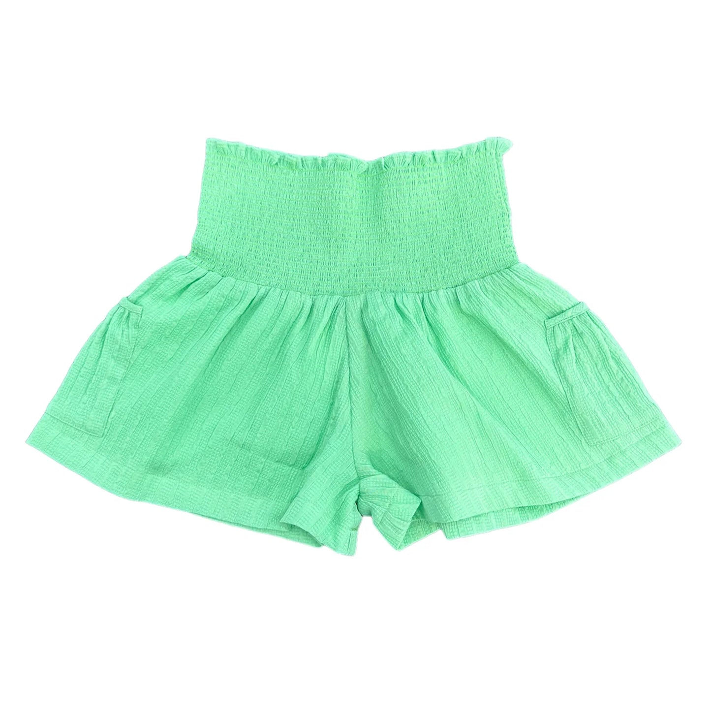 Little Olin Green Ruffle Smocked Shorts with Pockets